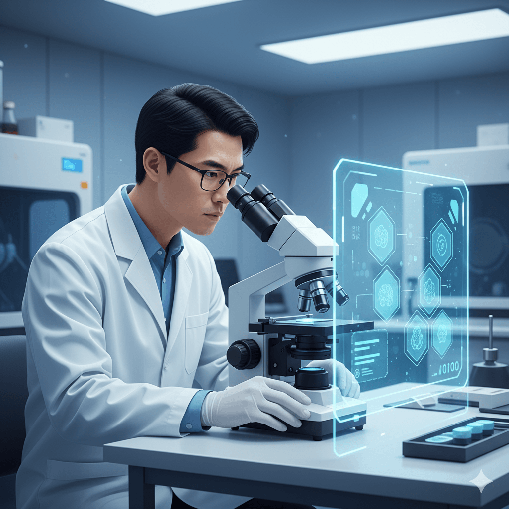 Embryologist performing microscope analysis in IVF laboratory with digital interface
