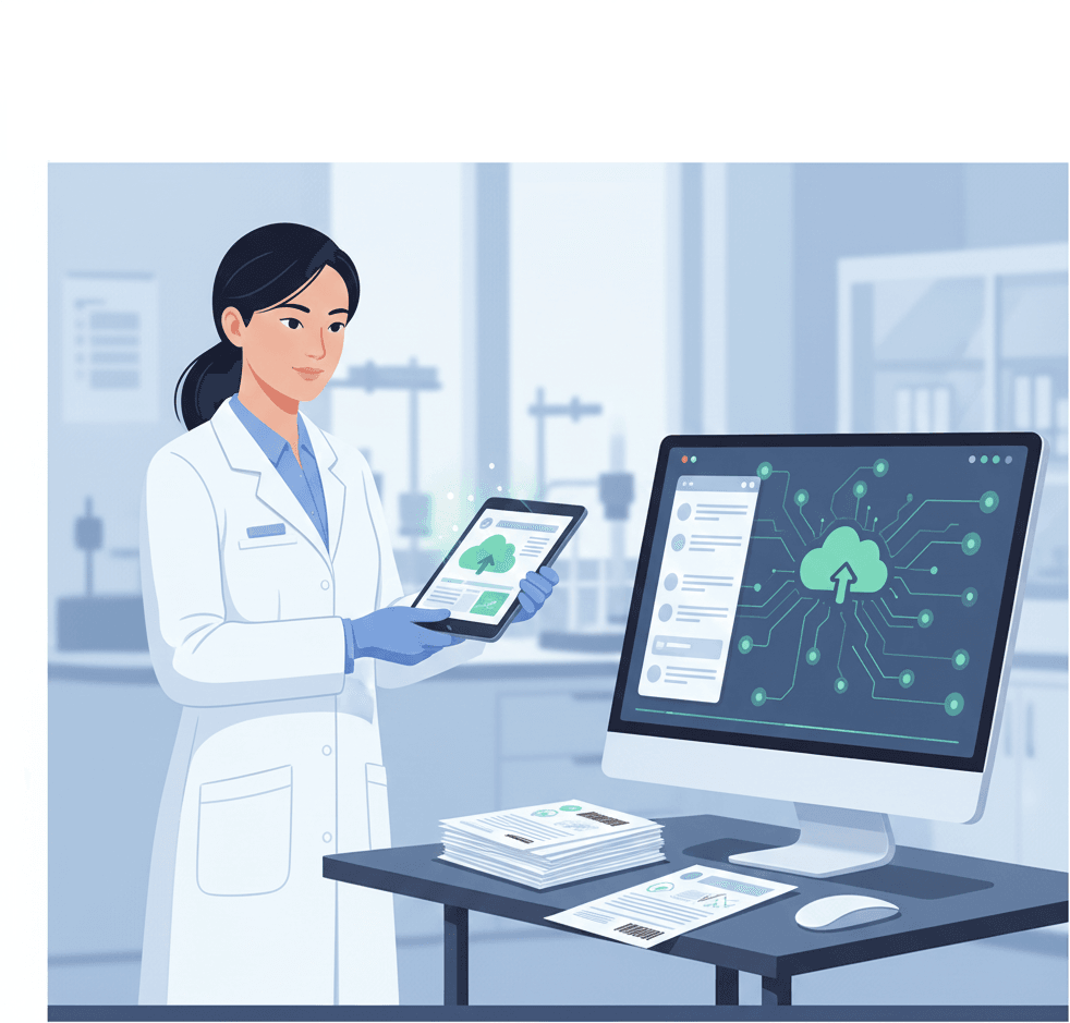 Lab technician using cloud-based laboratory management system on tablet and computer